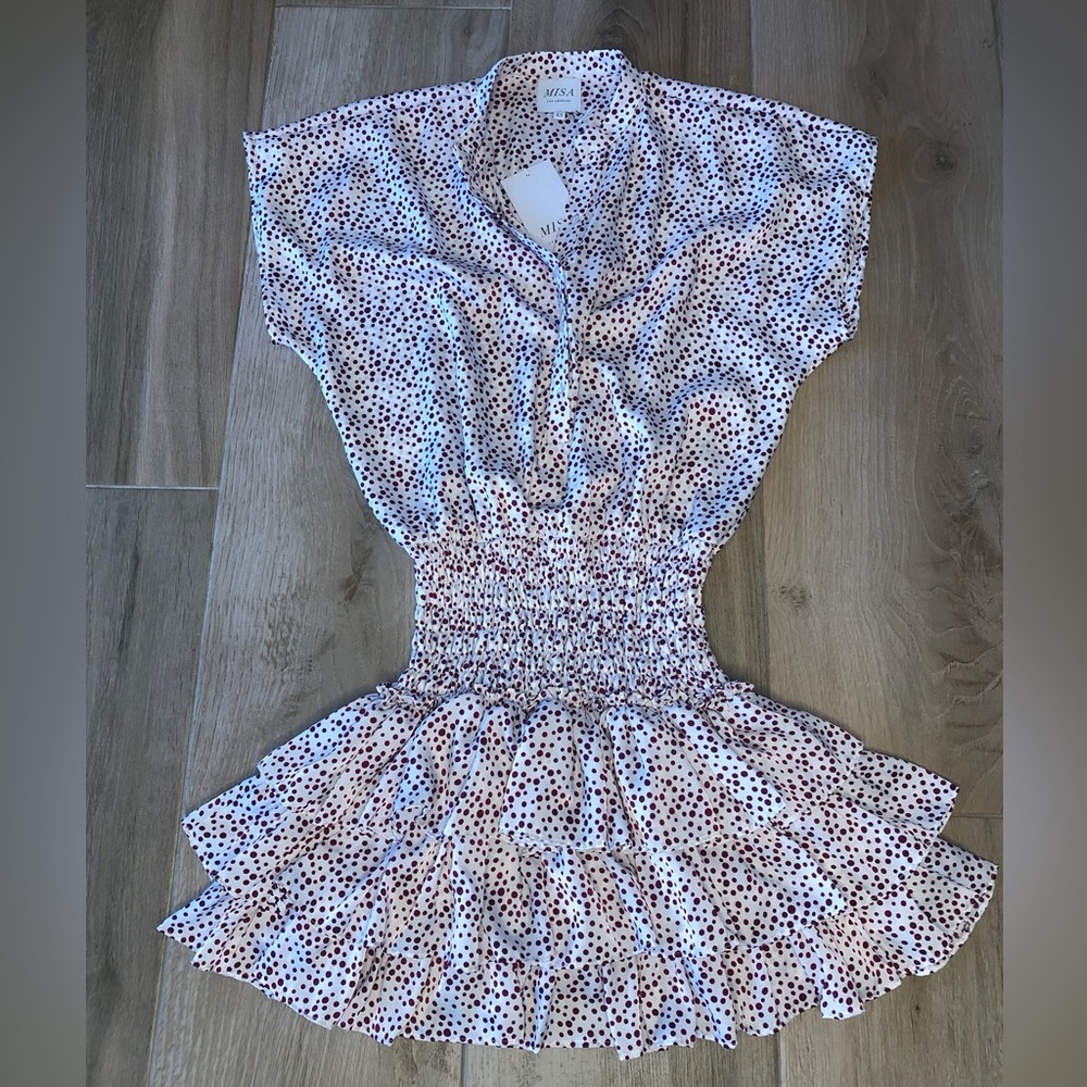 MISA Los Angeles Polka Dot Smocked Mini Dress XS NWT Ruffle Hem - Picture 2 of 5